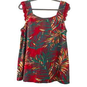 SOFT SURROUNDINGS sleeveless top, soft cotton blend, floral, crochet ruffle,Med.